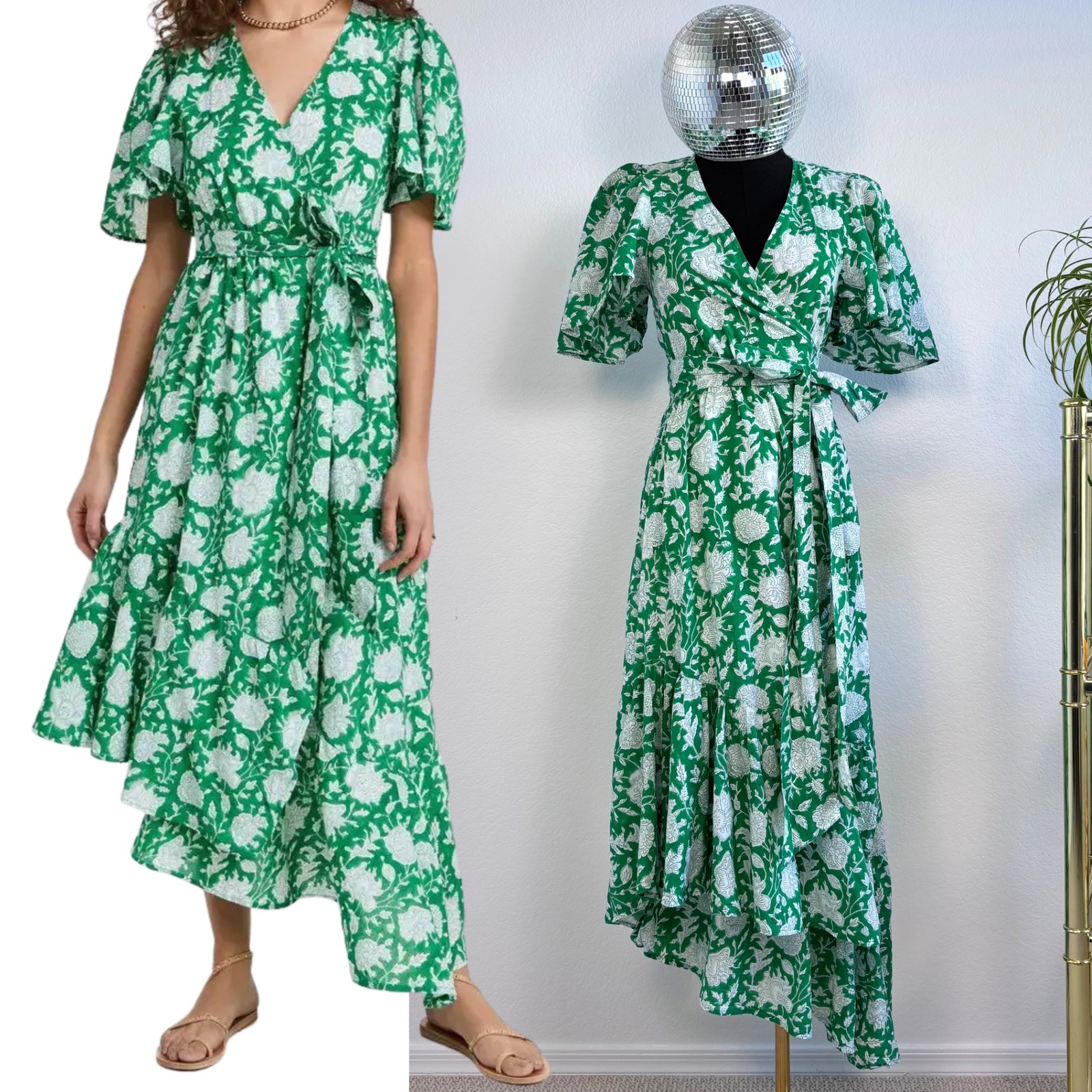 Mille Helena Dress Green Floral Wrap Dress, Size Xs, Tiered Ruffle Midi